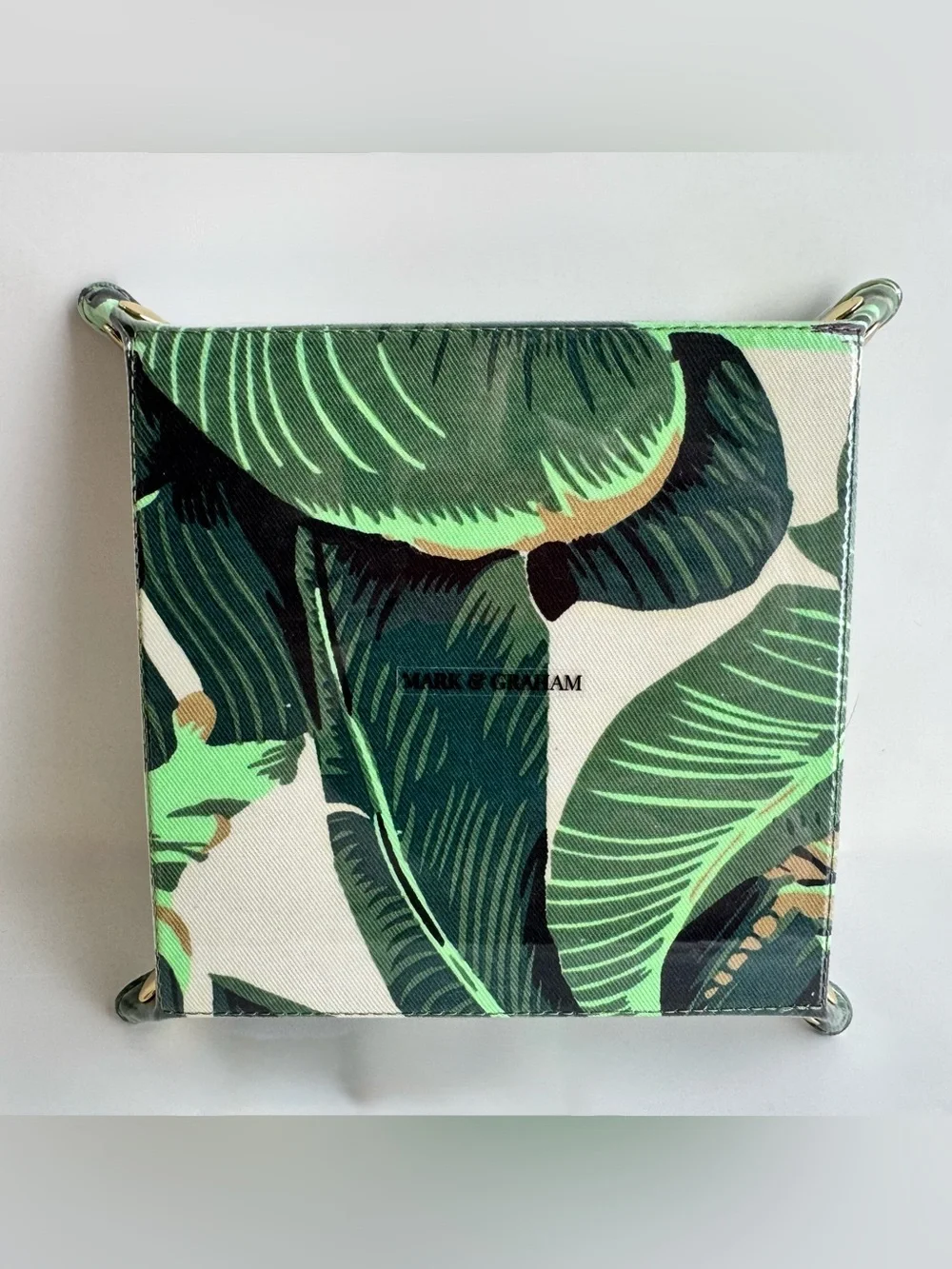 Mark & Graham Clear Coated Catchall in Martinique Palm Leaf Print Gold Snaps